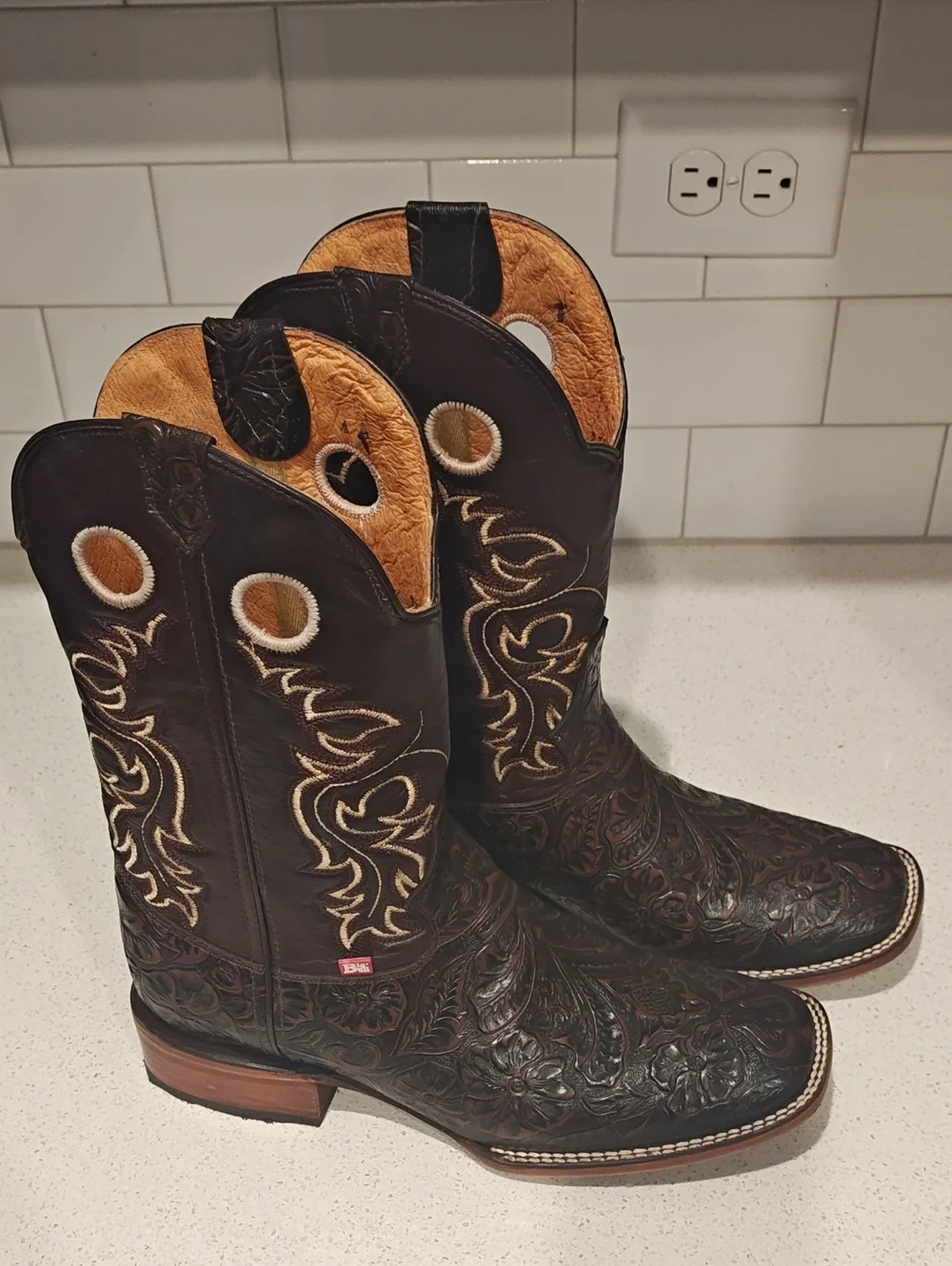 Big Bull Dark Brown Leather Western Boots with Tooled Leather - Never Been Worn